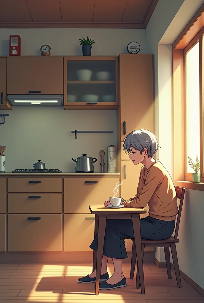 create a manga style image with the following description, A female character with short, slightly gray hair and signs of age is sitting alone at a small table with a cup of tea., the environment consists of a studio that divides the living room and kitchen into the same space, She has a lost look, focused on her thoughts, but now the character wakes up from his reverie when he hears someone knocking on the door.