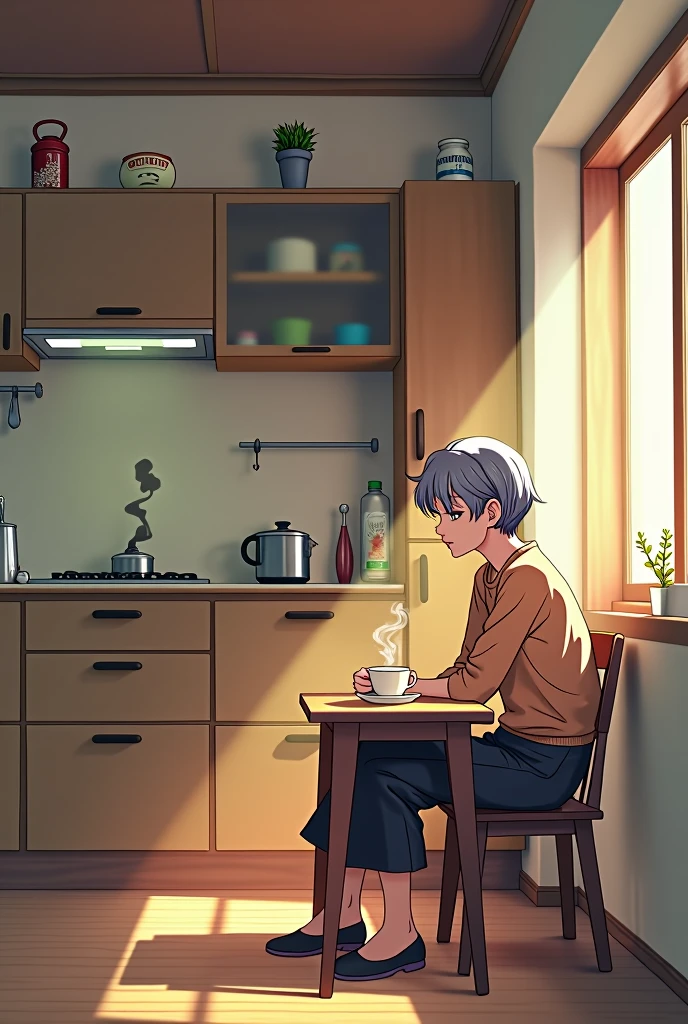 create a manga style image with the following description, A female character with short, slightly gray hair and signs of age is sitting alone at a small table with a cup of tea., the environment consists of a studio that divides the living room and kitchen into the same space, She has a lost look, focused on her thoughts, but now the character wakes up from his reverie when he hears someone knocking on the door.