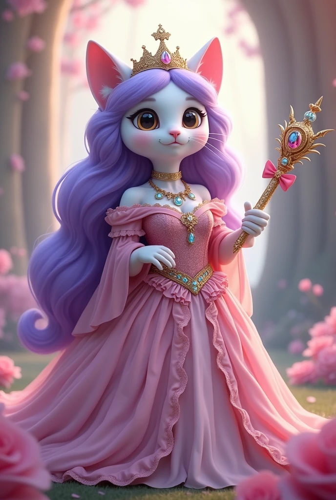 A cute, long-haired, white-faced, tall, big-eyed, purple-haired cat princess wearing a pink princess queen costume.