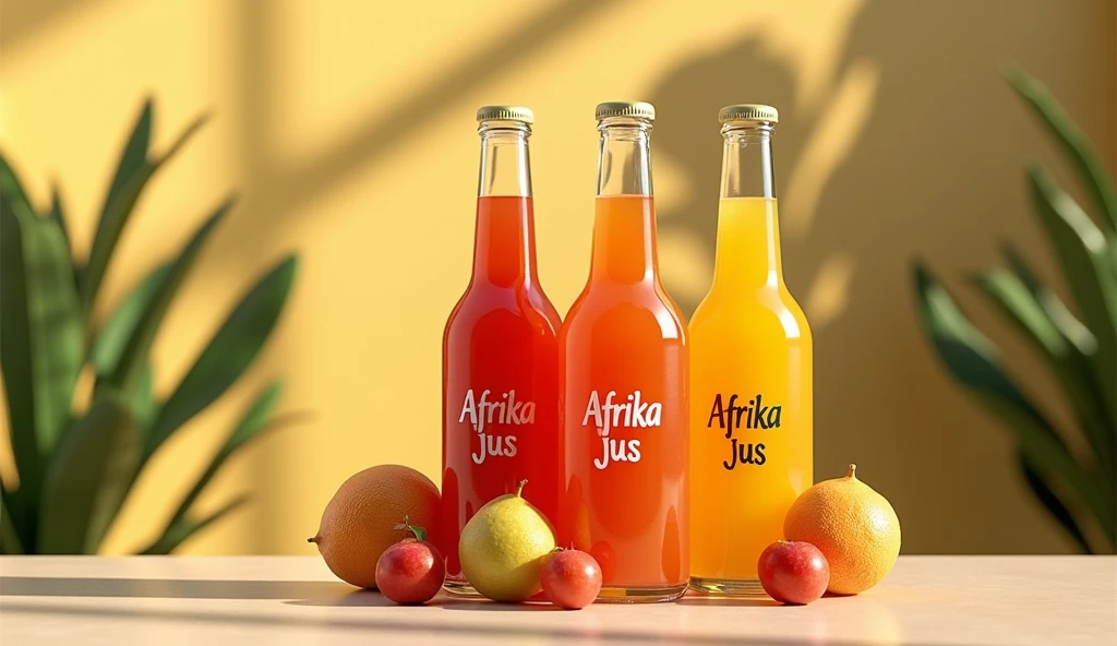Modélise moi une image 3d de trois bouteilles de jus et quelques fruits posé au pied des bouteilles, avec le nom Afrika Jus inscrit sur les étiquettes collé sur les bouteilles, dans un jolie décor de studio