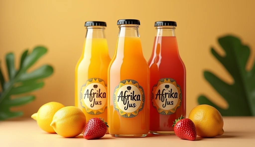 Modélise moi une image 3d de trois bouteilles de jus et quelques fruits posé au pied des bouteilles, avec le nom Afrika Jus inscrit sur les étiquettes collé sur les bouteilles, dans un jolie décor de studio