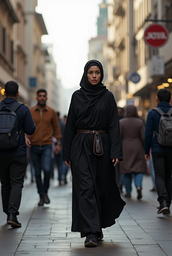 A islamic women is walking on the Street. some people is watching her activities.