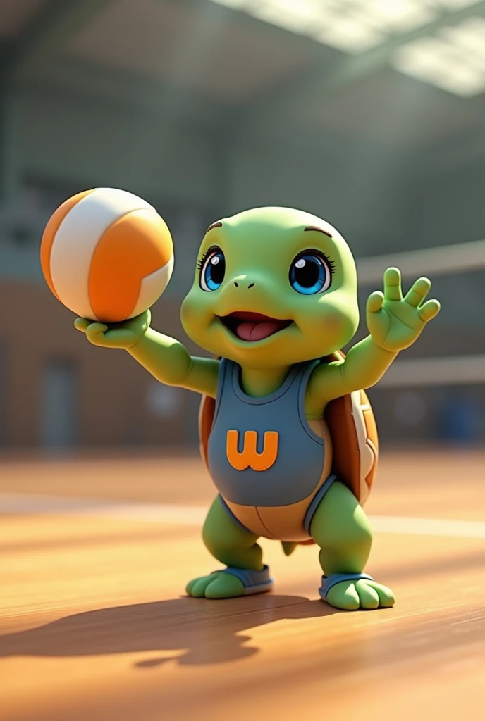 Waku, an adorable turtle with vibrant green skin and a rich brown shell, looks up with bright blue eyes shining with excitement, as if celebrating a triumphant spike, stands on a modern volleyball court covered with polished wooden floors, holding a volleyball in her hand, wearing a blue tank top with a stylized orange lowercase "W" logo on the chest, her tiny tennis shoes laced up and ready for the On the next serve, capturing the essence of its cheerful and competitive spirit, with soft, warm lighting casting a comforting glow on the overall scene.