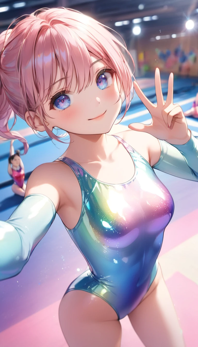 highquality illustration, masterpiece, very delicate and beautiful, attractive girl,(gymnastics leotard,long sleeve leotard with glittery decoration,high_leg leotard,athletic leotard,tight-fit leotard,iridescent gradient leotard,long-sleeve leotard),thin,slender body,slim,high school,gymnasium background,gymnastics club,gymnastics athlete,princess, beautiful eyes,light smile,(masterpiece, best quality:1.2), highres, extremely detailed CG unity 8k wallpaper, perfect lighting, Colourful, ultra-high res,4K,ultra-detailed, photography, 8K, HDR, s,cowboy shot,