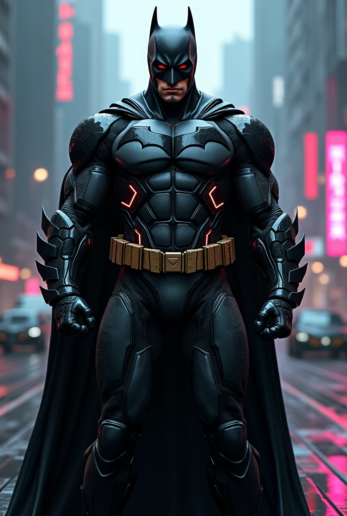 Batman DC UNIVERSE super hero black glossy futuristic neon lights suit with Armor muscler body cyberpunk
