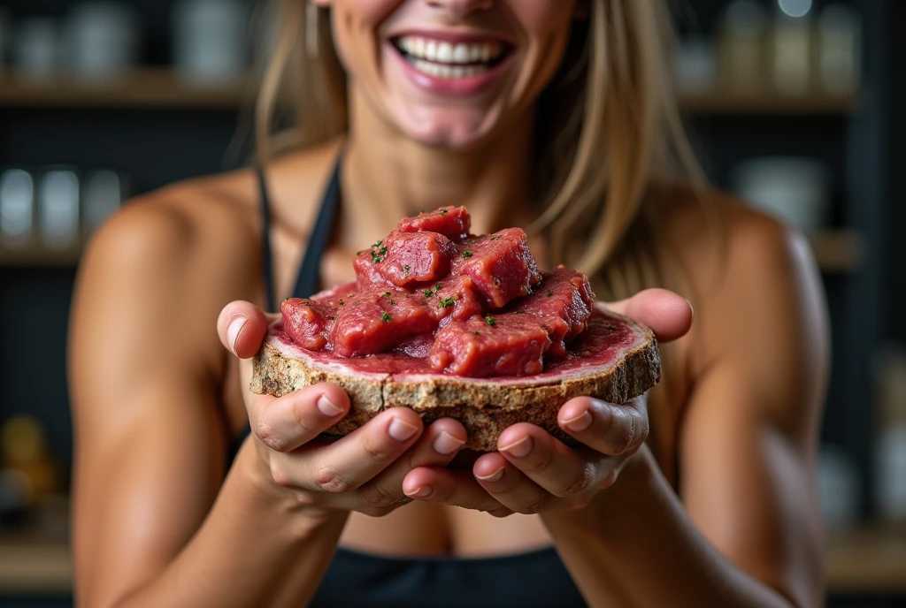 Heaps of food in both hands,muscular women Eating  beefsteak　battle contest,in kitchen stadium,