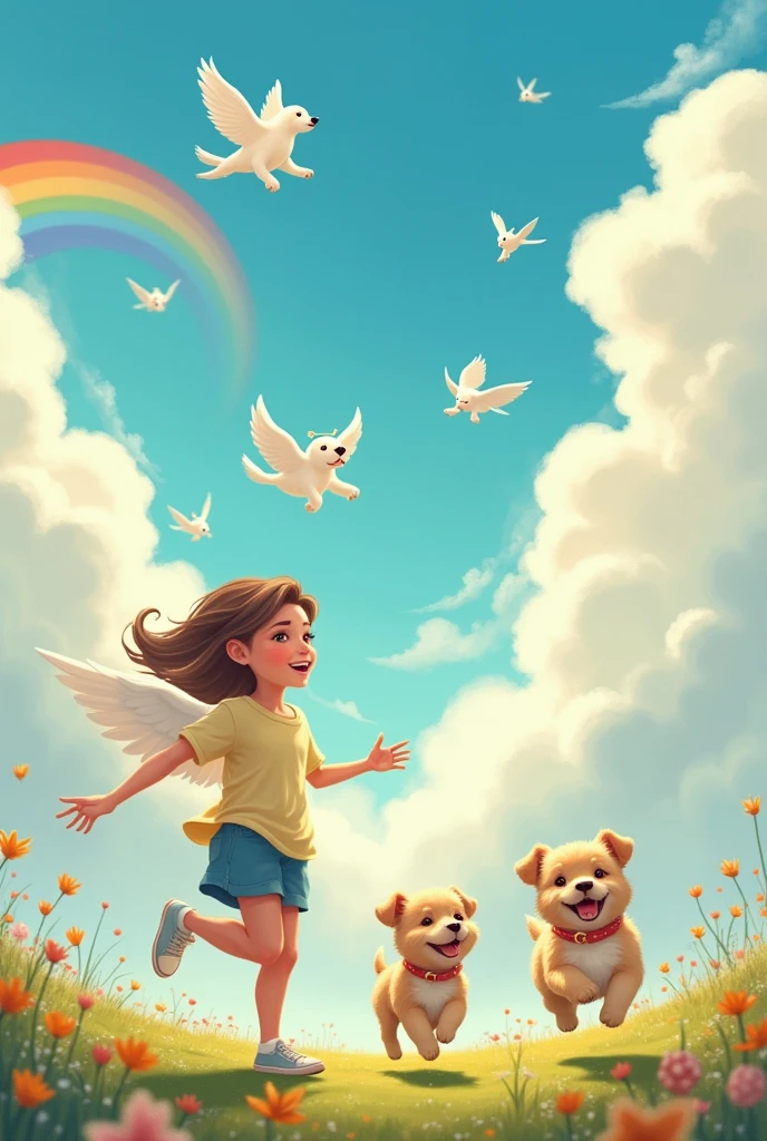 Give me a drawing.
The background have cloud, rainbow and birds
While in the middle there's a teenager girl side ways her body while opening her arms to welcome the 3 new small dogs  that running towards her while there's 3 dead angel dogs flying on top of her head
