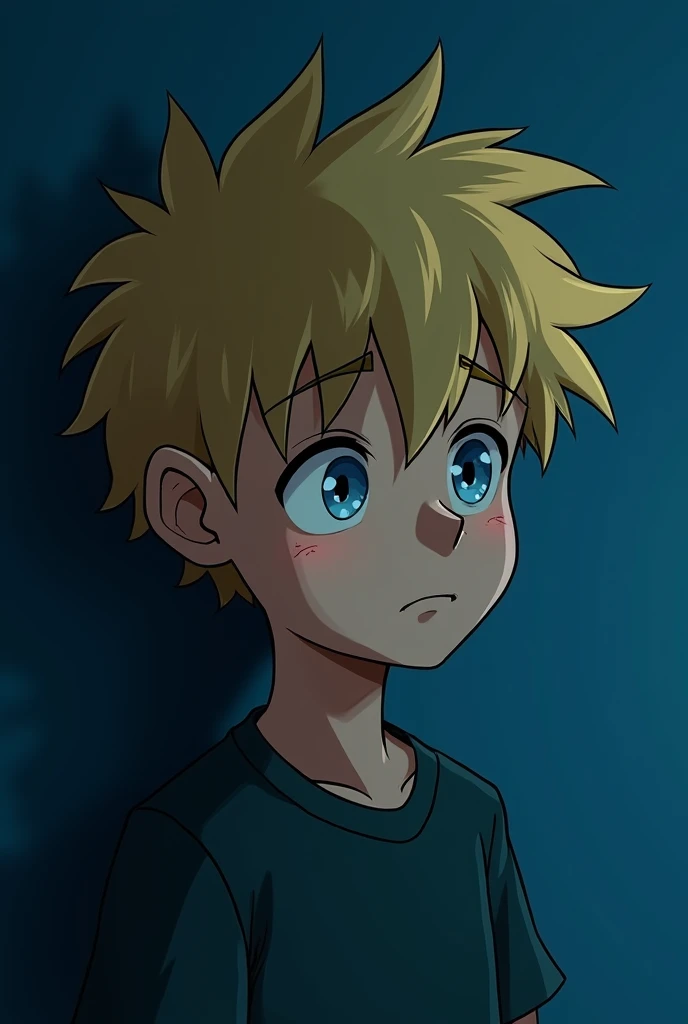 a drak style image, Close-up of HENRI's face, a blond boy of about . His eyes are fixed on the blue wall, reflecting sadness.