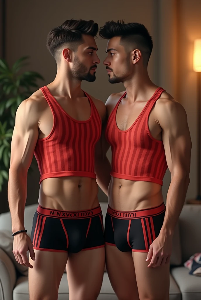 A man  in tank top under vest and red colour stripline on tank top under vest and were black trunk underwear and red colour stripline on underwear  with one boy friend in same clothes both Man are in home