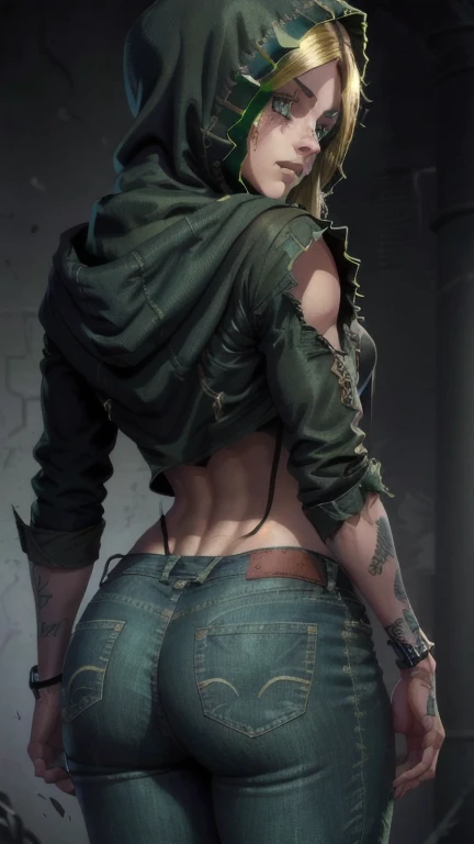 a girl standing alone, beautiful detailed eyes, beautiful detailed lips, extremely detailed face, longeyelashes, green eyes, smiling, closed mouth, looking back, wearing shorts jeans, hooded cloak, simple background, viewed from behind