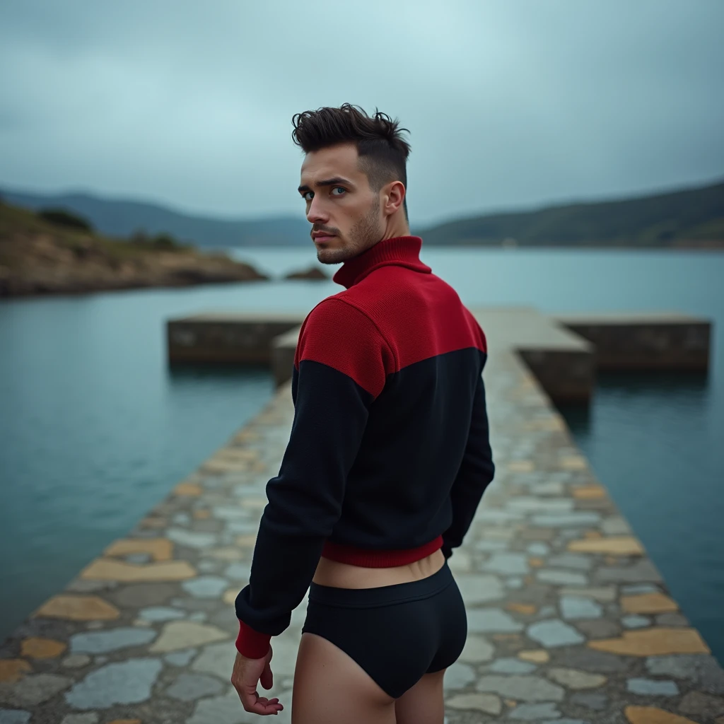 A white man, at 3, model type, with short dark hair, with blue eyes, wearing a red and black turtleneck sweater, wearing black boxers, standing backwards, looking at the camera and showing her ass on top of a stone pier on a lake in Alentejo