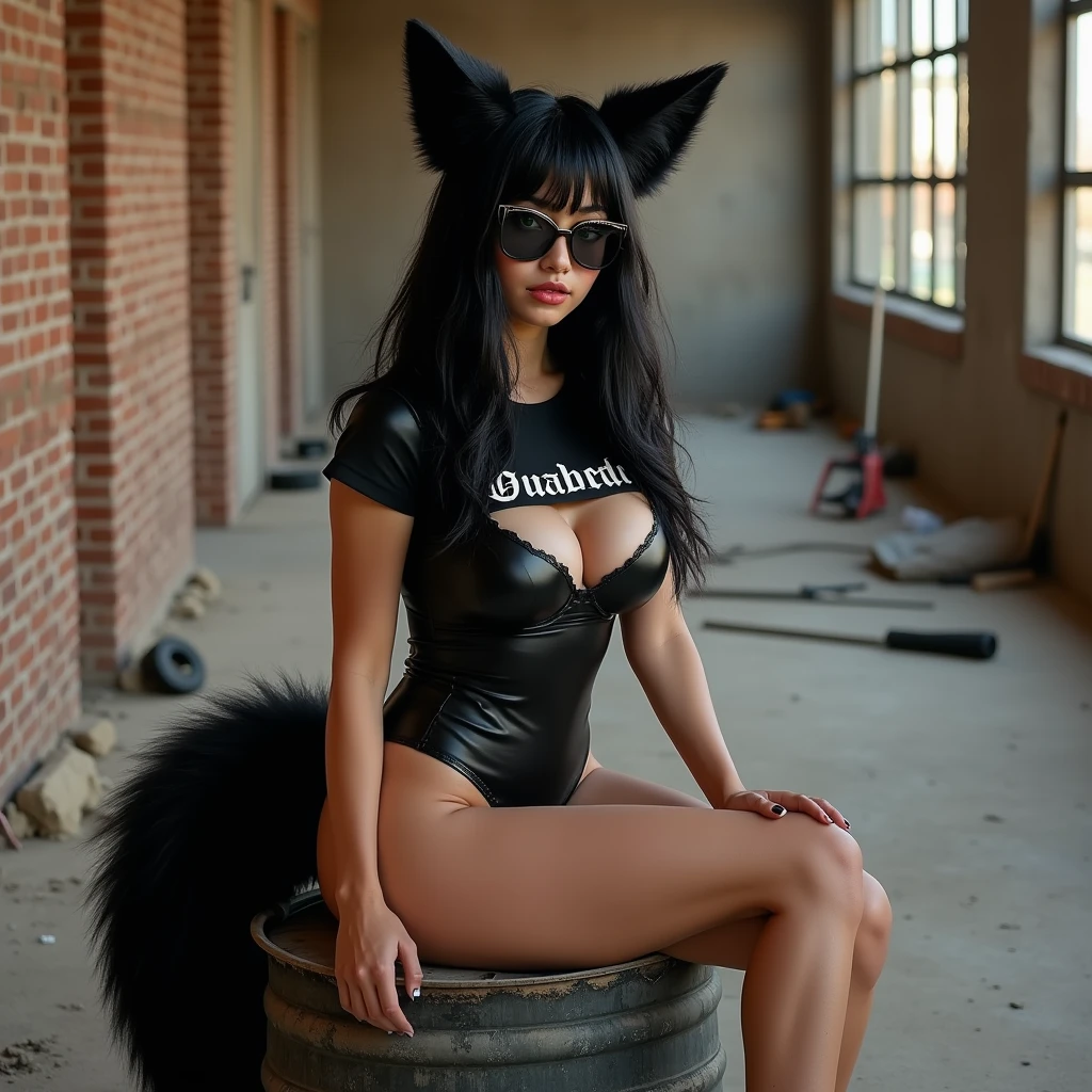 women, 18 years, huge breasts, very big buttocks, black fur, White skin, green eyes, Athletic legs, black latex lingerie , Black short fitted t-shirt with the legend: "Queretaro VIP", Sunglasses, fox ears, Fox tail, sitting on barrel , brick wall in the background, In the background you can see a construction in progress, tools on the ground
