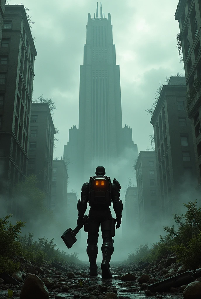 Draw a scene inspired by the universe of 'Half-Life 2'. Imagine a devastated urban scenario, with ruins of buildings covered by dense and relentless vegetation. At the center, put the Combine citadel in imposing perspective, highlighting its oppressive and technological architecture, dominating the landscape. Add a main character, Gordon Freeman, wearing his iconic HEV armor, holding a weapon like the Crowbar or the Pulse Rifle, with a determined look. Ao fundo, show Combine robot patrols and the classic Citadel Guard on patrol. The atmosphere should be dark and threatening., with a cloudy sky and heavy fog, creating a sense of desolation and suspense. Use a cool color palette, with shades of gray, dark green and blue, to reflect the post-apocalyptic environment and the oppression of the Combine regime