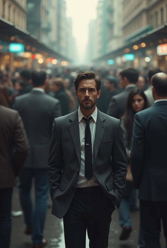 A man standing alone in crowd place
