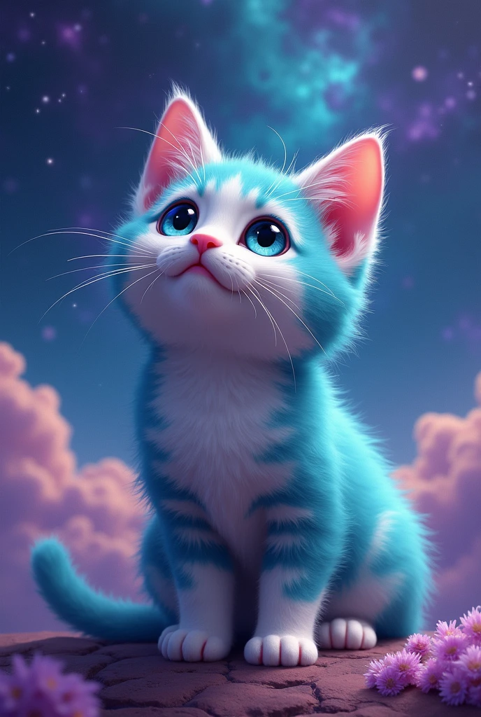 create a cute cat, It has turquoise and purple color, hiper realisitic, He is looking up, he is in front, he is in front olhando para cima, he has a pink nose, realisitic, super realisitic, 真实感, the background is a turquoise galaxy with purple, expanded background