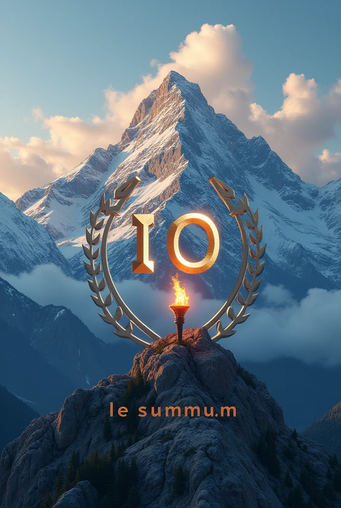 Create a very realistic professional logo with "IO" with a torch on it, on Mount Olympus with "Le Summum" at the foot of the mountain