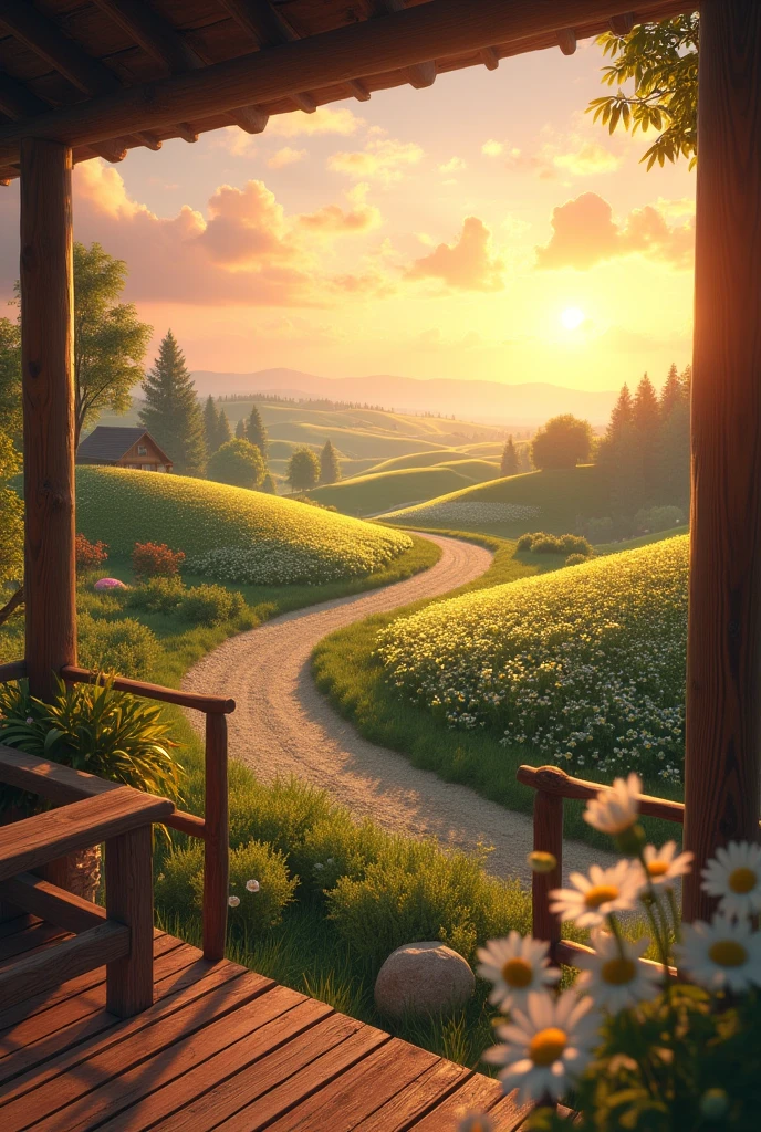 I&#39;m on the balcony of a wooden house and in front of the balcony there&#39;s a curved dirt road but I&#39;m on the balcony and there are 2 hills full of daisies and the sunset behind the hills.
