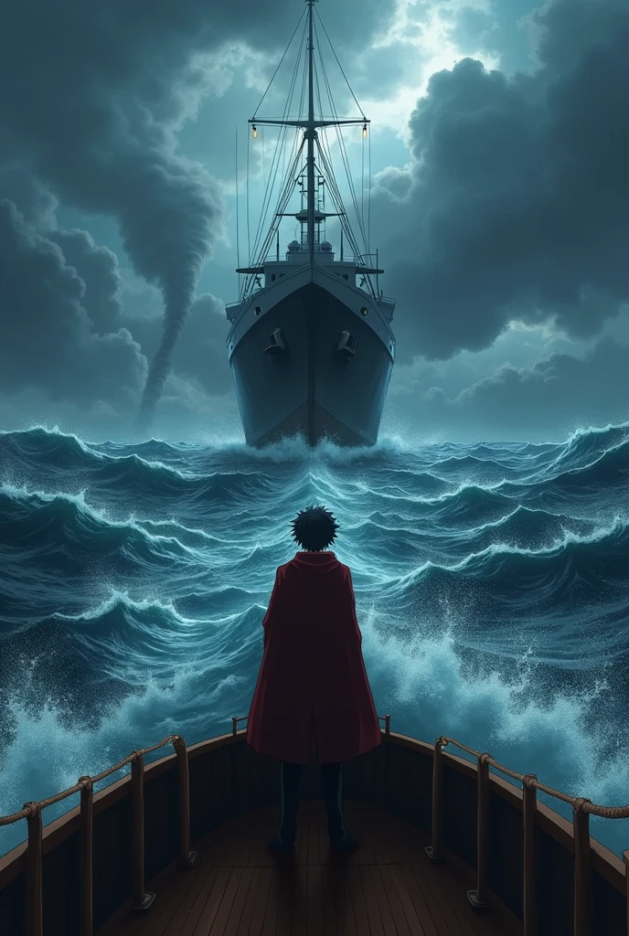 Sakata Gintoki from Gintama, boarded the big ship,Hands holding the ship's barrier,Standing at the edge of the ship's deck and looked at the sea.with feelings of sadness, resignation and a small smile challenging fate.There were ocean waves in side around and whirlpools tornado far ahead. And the ship headed there.Almost carried away by the current, The sky was a thick, heavy storm. Night time.The picture was taken from the back side.