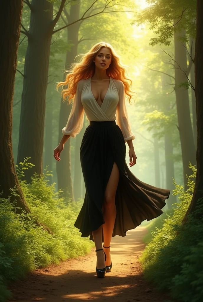 woman (blonde mane, very large breasts, long legs, transparent white blouse, long black pleated skirt, high heels) walks through the forest in the sunshine