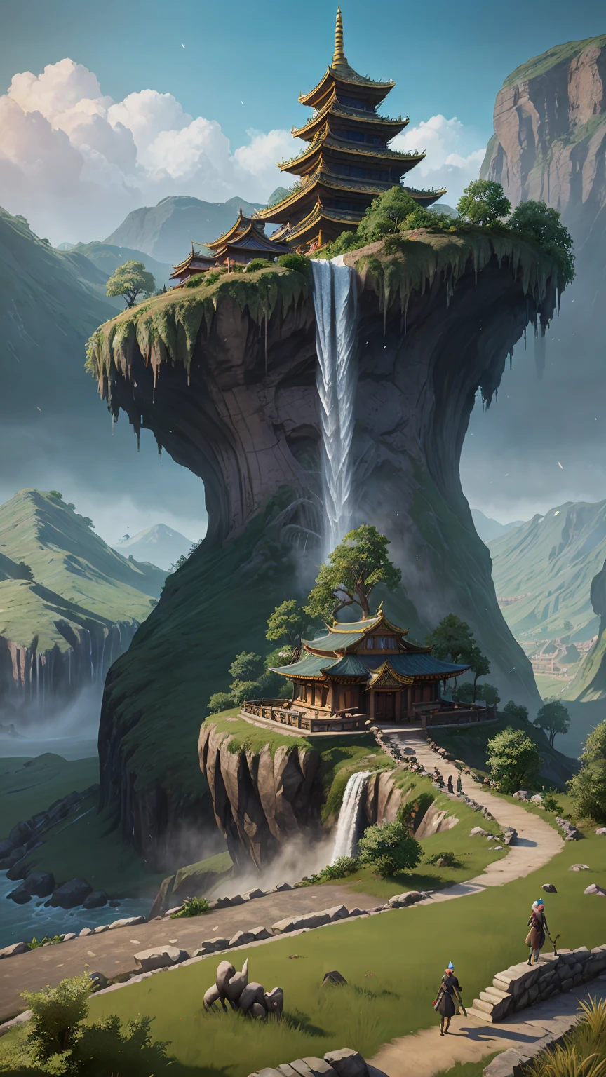 arafed view of a waterfall with a pagoda and a waterfall in the background, fantasy matte painting,cute, scenery artwork, game art matte painting, illustration matte painting, dota! matte painting concept art, dota matte painting concept art, 2. 5 d cgi anime fantasy artwork, dreamy matte painting, fantasy matte painting, avatar landscape, game map matte painting