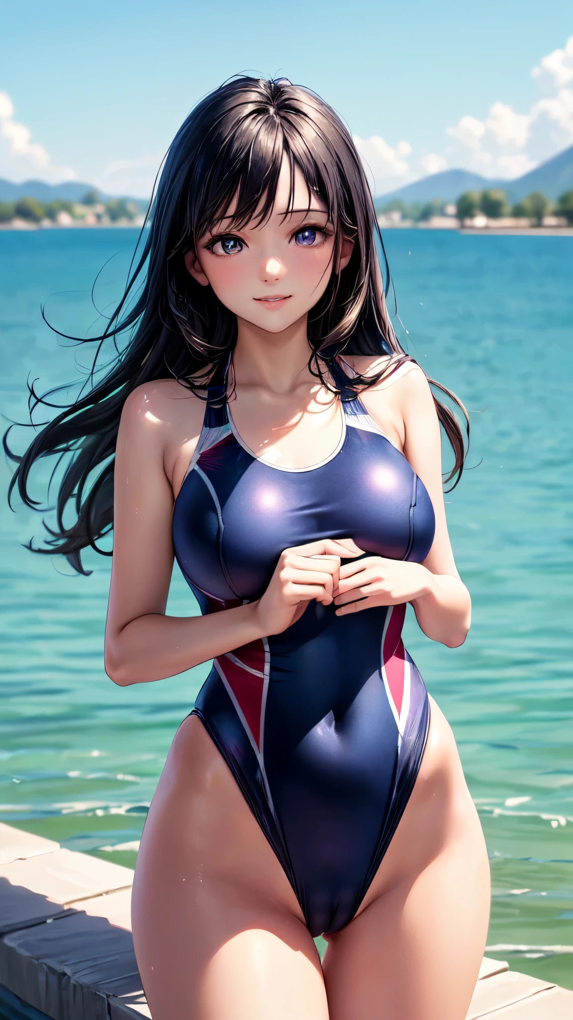 ((masterpiece,best quality,ultra detailed,high resolution)),(daytime,clear weather,bloom),((solo)),(woman),(black hair,straight hair),(beautiful detailed face,beautiful detailed eyes),(finely detailed skin,fair skin),light smile,(competition swimsuit,navy swimsuit),(on the beautiful lake,beautiful sky),(perky breast,medium hip),((cowboy shot)),((cameltoe)),