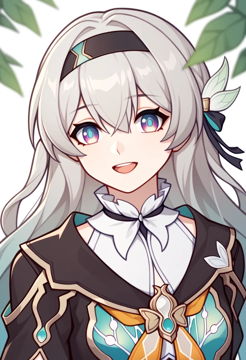 Fraction_9,Fraction_8_Direction_7_up,firefly_\(Collapse:_Star_rail\), 1 Girl, Black_hairband, grey_hair, long_hair, purple_Eye, Black_jacket, long_sleeve, hair_between_Eye, White_shirt, Very_long_hair