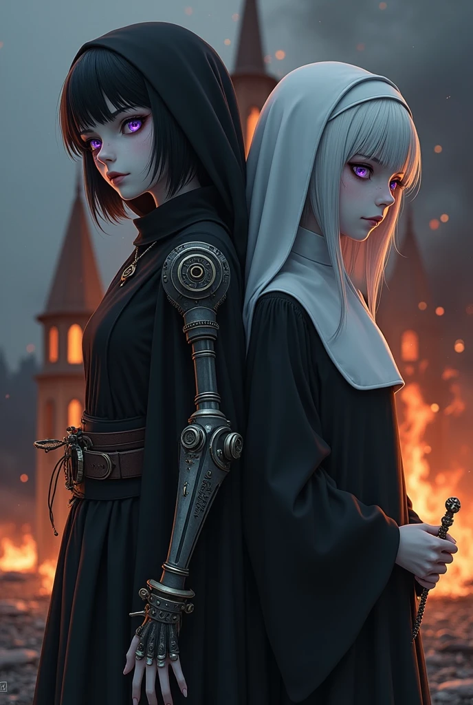 Two pale middle-aged girls back to back with violet eyes, with the one on the left wearing dark alchemist clothes and with the left arm with a steampunk prosthesis holding a dagger with the symbol of Baphomet, short black hair with a cut on the face, and the one on the right in white nun's clothes holding a rosary with closed eyes and long white hair with a church in flames behind at nightfall.