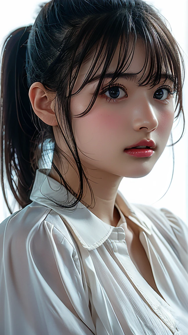 (Highest quality、Tabletop、　RAW quality、Best image quality、Award-winning works)、Extremely cute high school girl、けたWhite polyester collared shirt、Short sleeve:1.4)、(Navy Pleated Skirt:1.1)、Portrait of、Glowing Skin、Brown Hair、Are standing、Sculpture Pose、(The simplest pure white background:1.1)、(Extremely large face and larger breasts:1.8)、Accentuate your body lines:1.1)、Very large red ribbon tie、((High point ponytail:1.35))、smile、((naked))