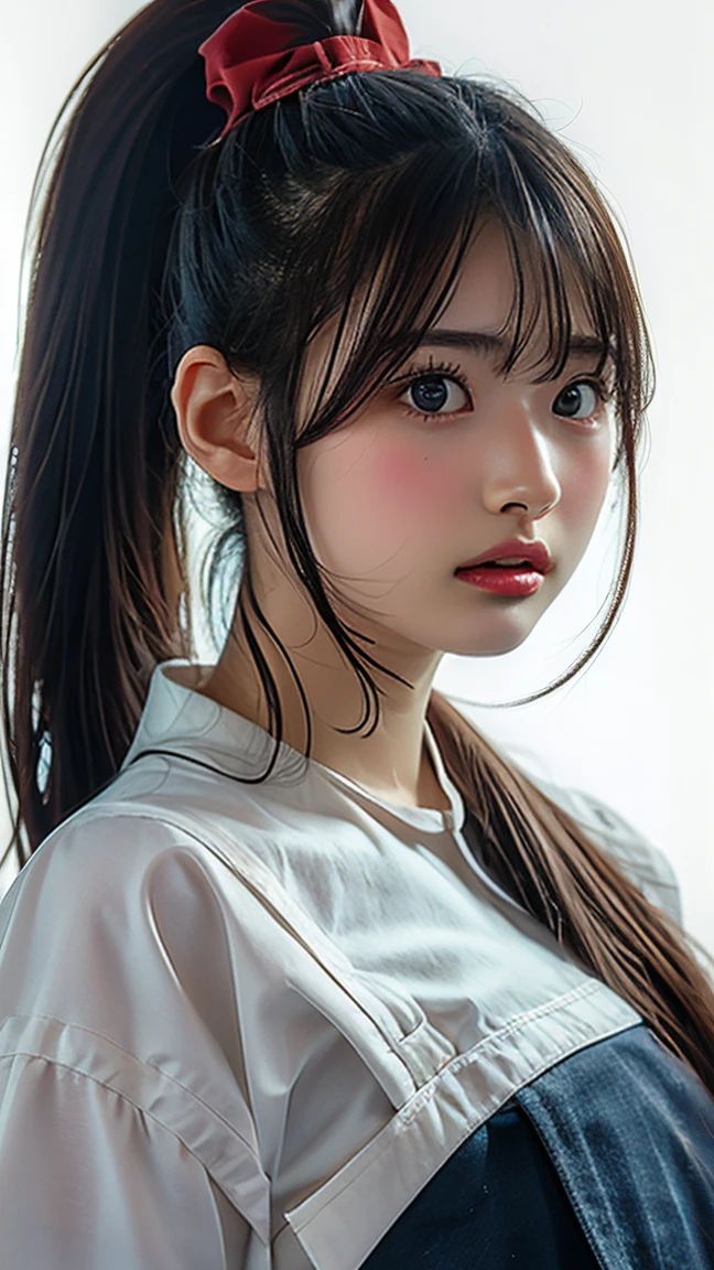 (Highest quality、Tabletop、 RAW quality、Best image quality、Award-winning works)、Extremely cute high school girl、けたWhite polyester collared shirt、Short sleeve:1.4)、(Navy Pleated Skirt:1.1)、Portrait of、Glowing Skin、Brown Hair、Are standing、Sculpture Pose、(The simplest pure white background:1.1)、(Extremely large face and larger breasts:1.8)、Accentuate your body lines:1.1)、Very large red ribbon tie、((High point ponytail:1.35))、smile、((naked))