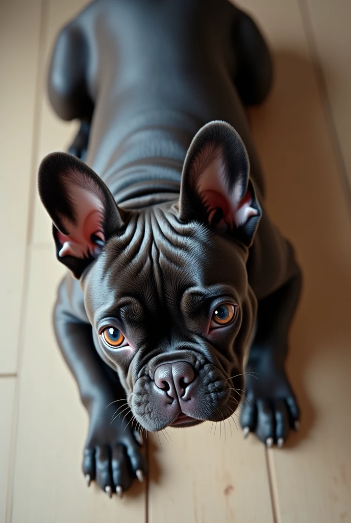 French bulldog dog lies on the floor, perspective view from above, muzzle lies on the floor