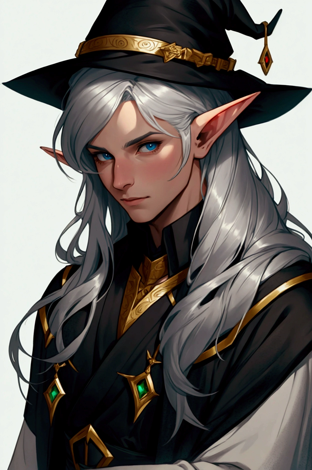 there is a man with a hat and a black coat, um retrato de personagem por Charlie Bowater, Artstation contest winner, digitl art, a portrait of a male elf, Cute male elf, a male elf, lindo drow, noble male elf in black robes, neoartcore e charlie bowater, silvery skinned male elf, portrait of a young magical investigator elf