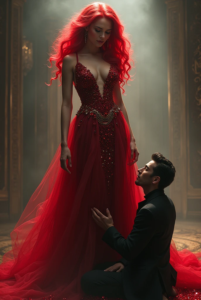 A man kneeling to a femme fatale like a goddess with red hair and dress bejeweled with red rubies