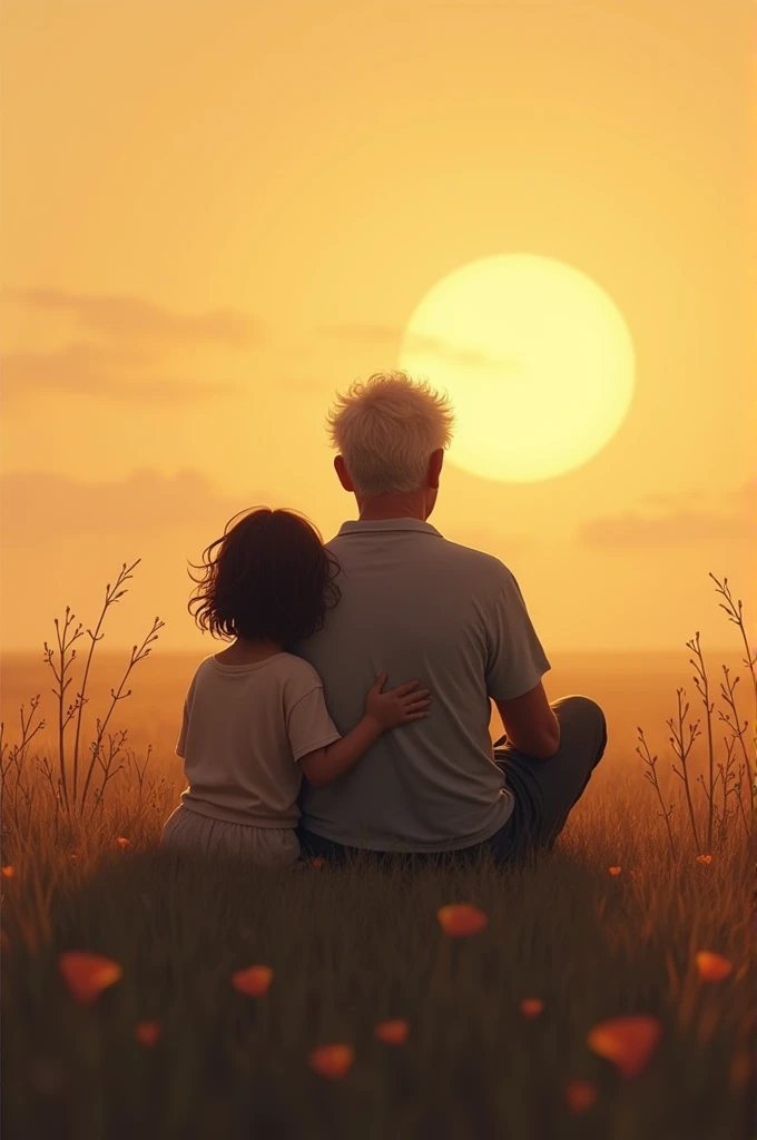 Create a tattoo design of a little granddaughter and her grandfather sitting in a vast field looking at the sun. Only their backs are visible.