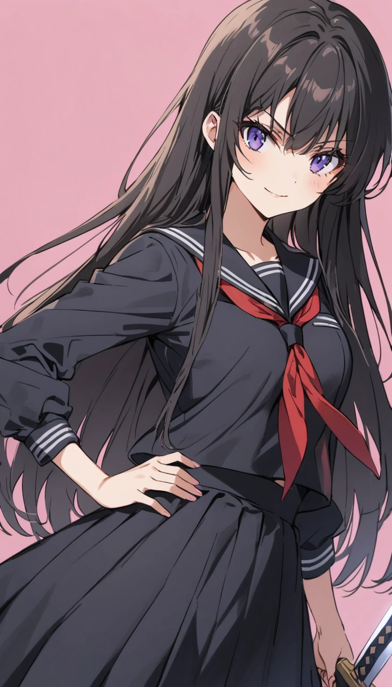 high school girl　beauty　Black Hair　Straight Long Hair　smile　Glare　frivolous attitude　Glaring at me　Black Sailor Suit　Long skirt　Roll up your sleeves　belly button　Put your hands on your hips　Carrying a sword on your shoulder　School