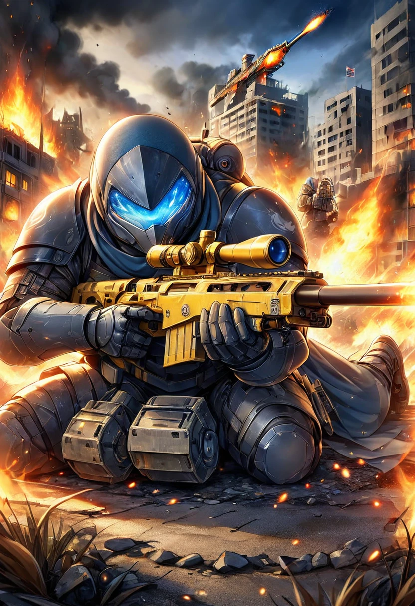 Future dolphin soldier with gun、anthropomorphic dolphin、Showa era science magazine style、rifle、Flamethrower、Dolphin Invasion、Dolphin 80%、The invaded and burned city、Scale armored tank in the background