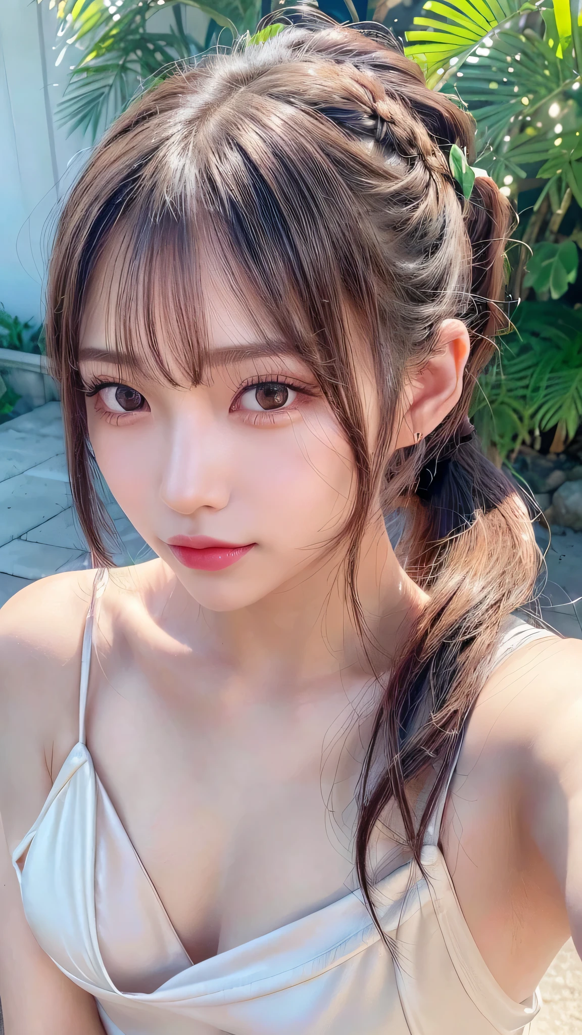 body shot,Outdoor,Black micro bikini,resort Beach,Ultra-detailed, finely detail, hight resolution, 8K Wallpaper, Perfect dynamic composition, Beautiful detailed eyes,,Close-up of face,,Blushing,Facing forward,Long hair ponytail,((8k, Raw photo, Best Quality, Mastepiece:1.2), (Realism, Photorealistic:1.4), (Highly detailed 8K wallpapers), Depth of written boundary, Cinematic Lighting, Soft Light, Detailed Beauty Eye,Shiny and smooth light brown ponytail, Asymmetrical bangs, Shiny skin, Ultra-detailed skins ,It is high resolution., High detail, Detailed hairstyle, Detailed facial beauty, Hyper-realistic, Perfect limbs, Perfect Anatomy ,Of Japanese,Famous Japanese Idols, Perfect female body,A shy smile,Short eyelashes,Double-edged eyelids,Look straight here,Hair style: ponytail,