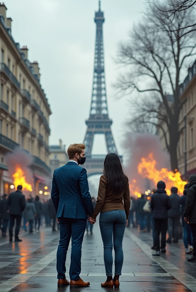 (((Front view:1.3))), Full-body, couple is standing pose , on street , in Paris, looking Eiffel Tower, everyone nothing people, 2024 years ,(1 male and 1 female is exist), (1 male Englishman, 1 boy is 2 old), ( blond hair, handsome face mask, happy), English gentleman ( blue suit style, suit , vest, pants, (brown shoes)), (1 female English women, 1 female is 25 agr old),(black hair, beautiful face mask) 1 man and 1 woman is couple, looking back, demo , many people striking, black smog, riot UHD, masterpiece, retina, anatomically correct, accurate, textured skin, super detail, high quality, high details,

INFO
