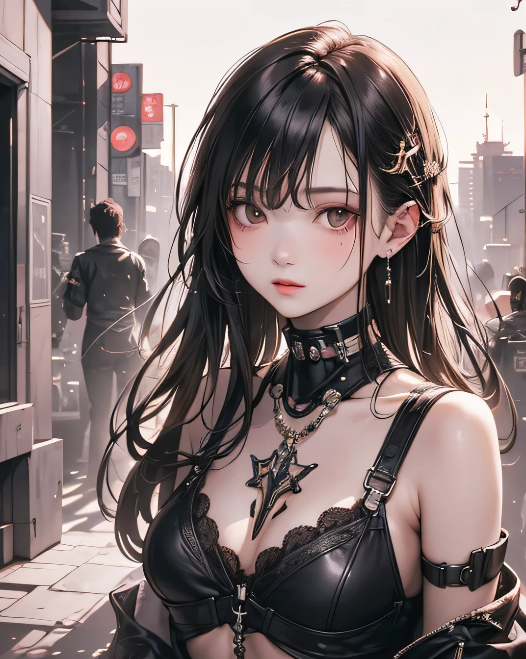 (One person:1.3), One personで, Delicate and realistic skin, Fine skin, Center of chest, Official Art, Unified 16k wallpaper, Very detailed, beauty and aesthetics, beauty, masterpiece, Highest quality, In Cyberpunk City, Great atmosphere, A calming color palette, Peaceful mood, Soft Shadows, Glamour