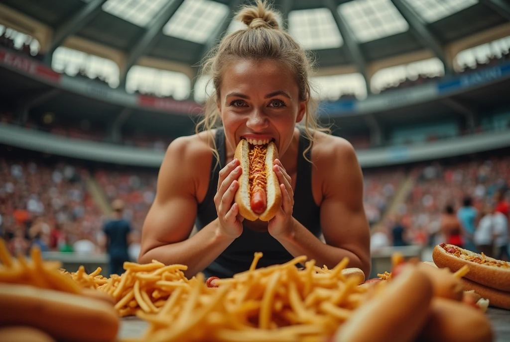 Heaps of food in both hands,muscular women Eating  hotdog　battle contest,in kitchen stadium,