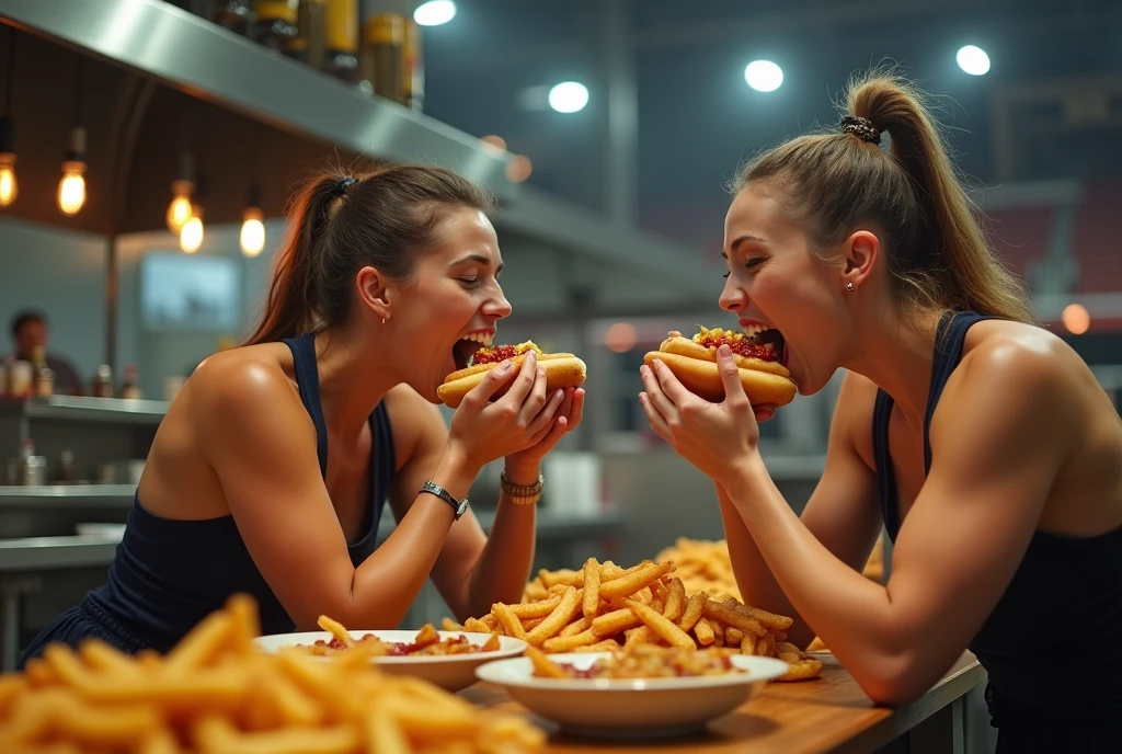 Heaps of food in both hands,muscular women Eating hotdog battle contest,in kitchen stadium,