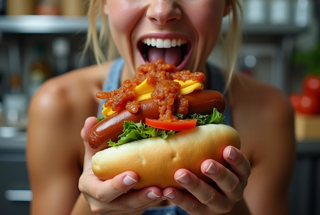 Heaps of food in both hands,muscular women Eating hotdog battle contest,in kitchen stadium,