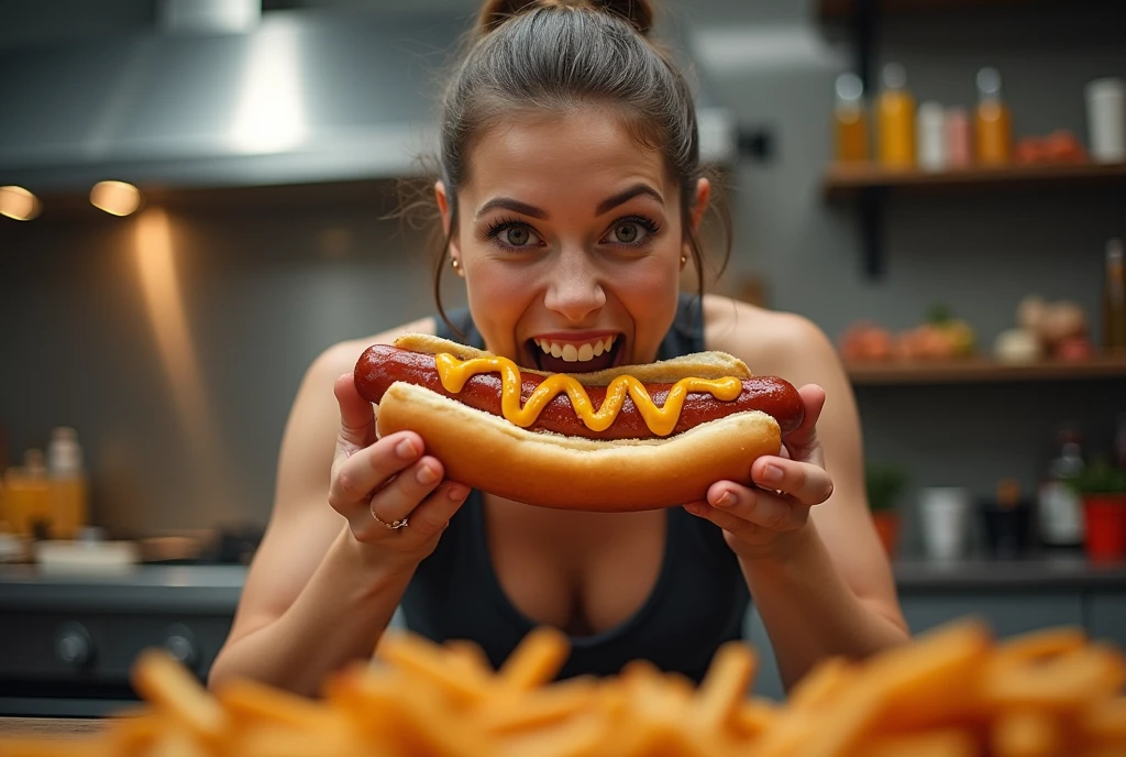 Heaps of food in both hands,muscular women Eating hotdog battle contest,in kitchen stadium,