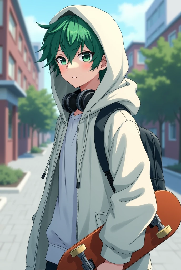 Closed white coat, hood on head, green hair, green eyes, skateboard, headphones, Student Male, Anime style, sleepy eyes, Pose