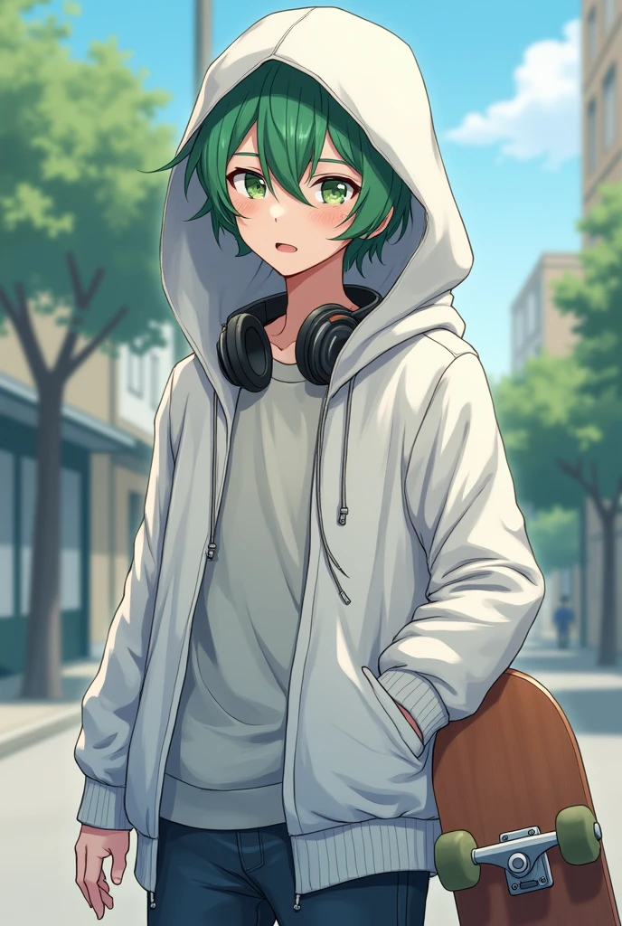 Closed white coat, hood on head, green hair, green eyes, skateboard, headphones, Student Male, Anime style, sleepy eyes, Pose