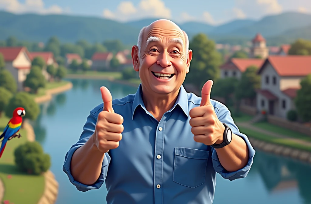 As the sun sets on a quaint country town, a man of 70 years stands proudly, his bald head a testament to a life well-lived. With a blue shirt and a contagious smile, he raises two thumbs up in celebration of all that he has accomplished. And in the background, the peaceful park and the vibrant macaws remind us of the beauty and joy of life.