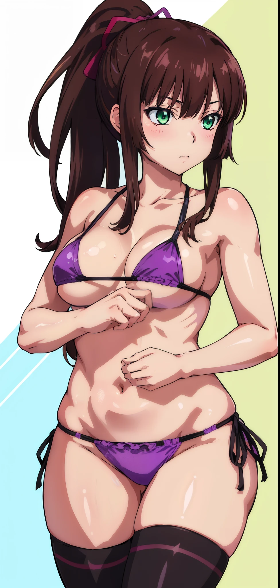 masterpiece, best quality,1girl,solo,kirasaka sayaka,brown hair,long hair,ponytail, hair ribbon, green eyes,,purple thighhighs, wariza, (bikini).