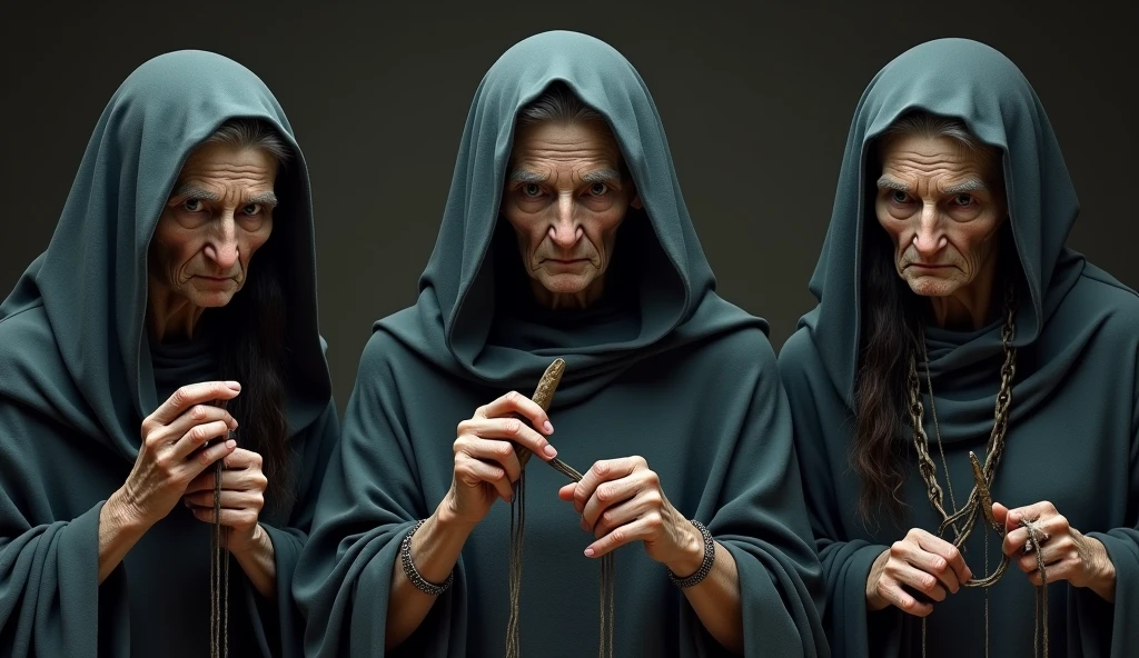 Act as the Three Fates from Greek mythology, known as Clotho, Lachesis, and Atropos. OLD WOMAN. black hair, wince, longeyelashes, IMAGEM SOMBRIA COM VEU NA CABEÇA,the woman on the left cuts the thread with scissors in her hand, the woman on the right with a ball of spinners weaving the wires, masterpiece, anatomically correct, award winning, best quality, highres