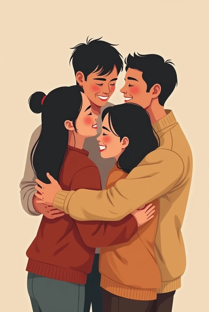 Hugs men and women. Asian