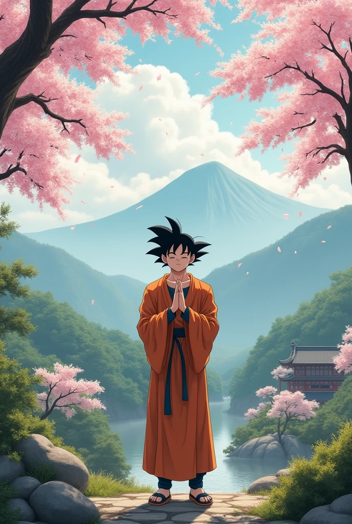Son Goku smiling and standing praying under the sakura trees, mountains and trees, Buddha temples, Son goku wearing like a monk