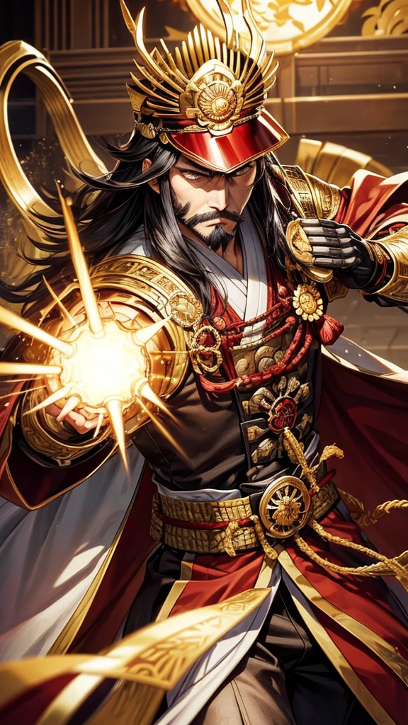 Create an image of Oda Nobunaga, a powerful and influential warlord of the Sengoku period. He stands confidently in the center of a traditional Japanese castle's grand hall, with a backdrop of ornate gold screens depicting fierce battles. Nobunaga is in his early 40s, with a sharp, intense gaze that reflects his ambitious and fearless nature. His face is stern, with a neatly trimmed short beard. He wears a resplendent set of samurai armor with intricate golden details, a symbol of his wealth and authority. Over his armor, he dons a crimson cape that flows behind him, enhancing his commanding presence. His helmet, adorned with a large pair of golden antlers, is placed beside him on a wooden stand. In his hand, he holds a katana with a beautifully crafted hilt, its blade reflecting the dim candlelight in the room. The atmosphere should convey a sense of power, ambition, and dominance, capturing Nobunaga’s relentless drive to unify Japan.